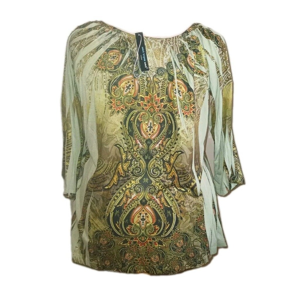 NWT SAINT TROPEZ WEST Womens 1X Boho Peasant Green Paisley Bling 3/4 Sleeve Top - Picture 7 of 12